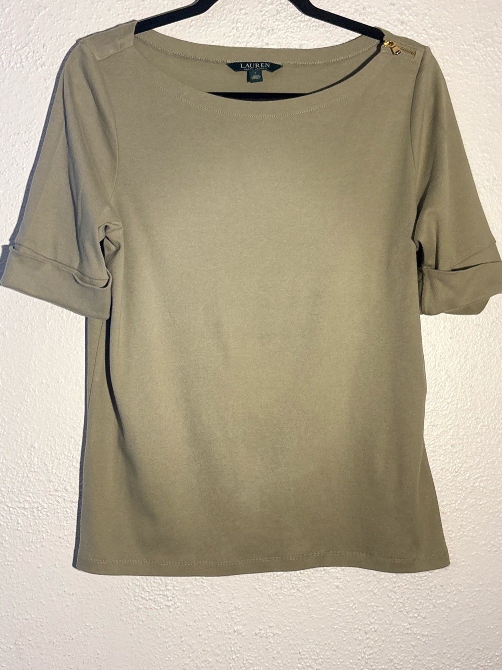 Lauren Ralph Lauren Olive Green Top Sz L Gold Button Detail 3/4 Sleeve